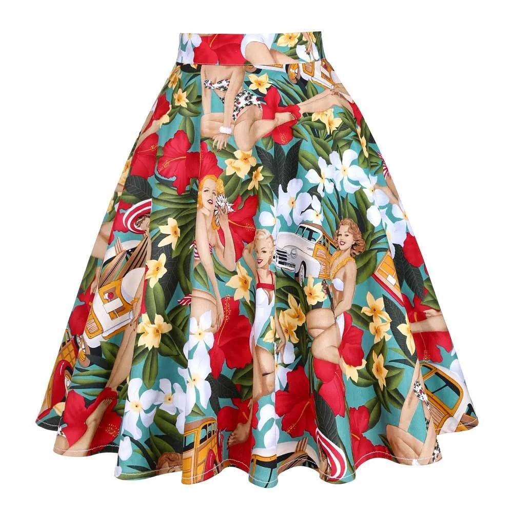 2021 Women Retro Vintage High Waist Skirts 50s Big Swing Keen Length Elegant Skater School Lady Girl's A-Line Skirt Faldas Mujer