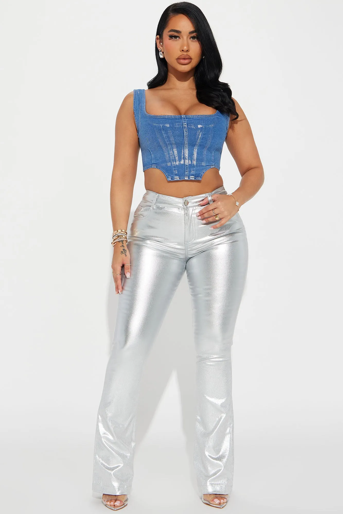 After Party Metallic Denim Corset Top - Blue