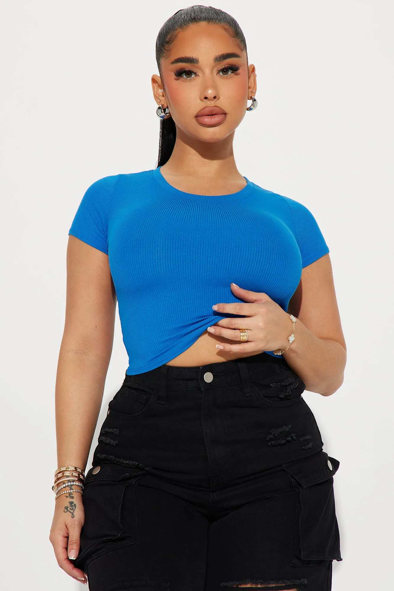 Aria Ribbed Short Sleeve Tee - Blue