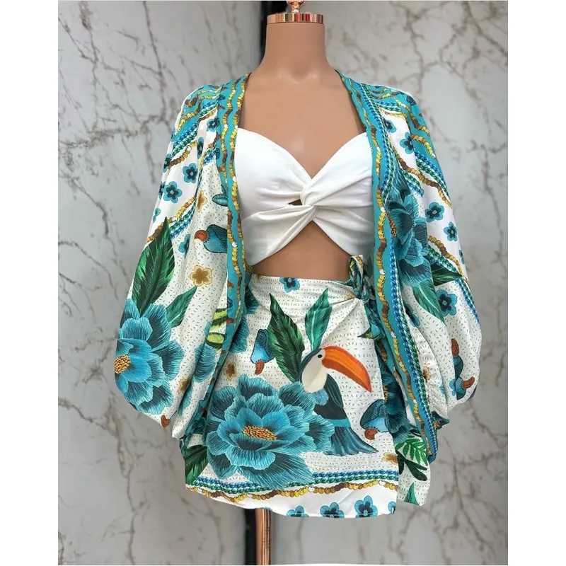 Conjunto kimono e short saia feminino estampado