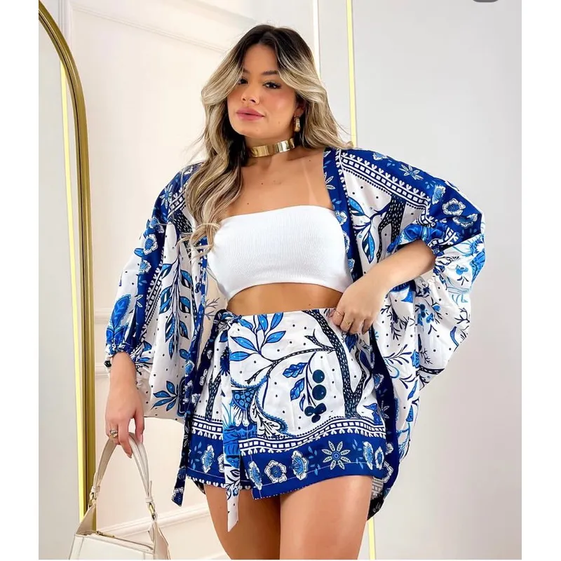 Conjunto kimono e short saia feminino estampado