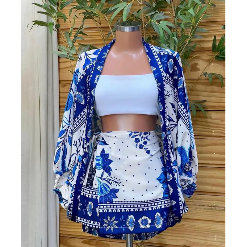 Conjunto kimono e short saia feminino estampado