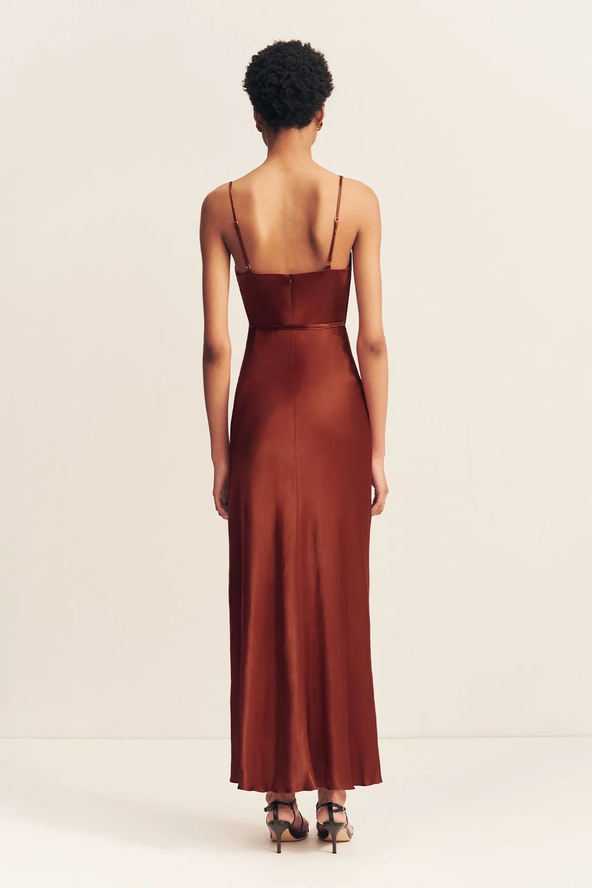 LINO DRAPED SIDE SPLIT MIDI DRESS - MAHOGANY