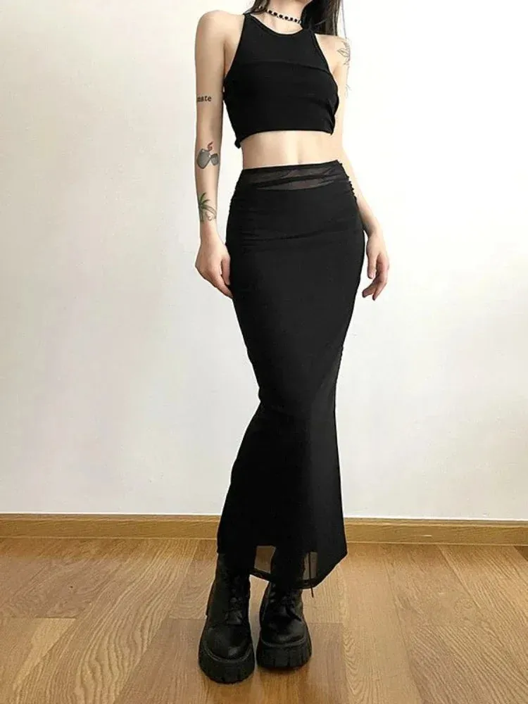 Long Skirts Women Y2k Slim All-match High Street American Retro Hotsweet Gothic Faldas Mujer Summer Chic Solid Clothing Party