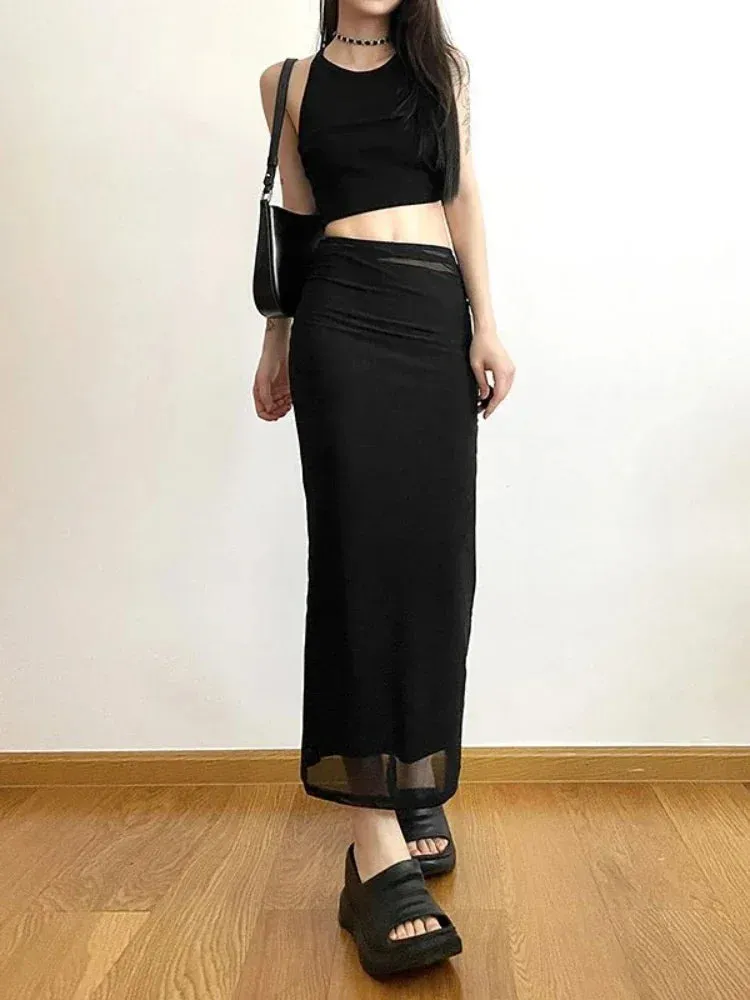 Long Skirts Women Y2k Slim All-match High Street American Retro Hotsweet Gothic Faldas Mujer Summer Chic Solid Clothing Party