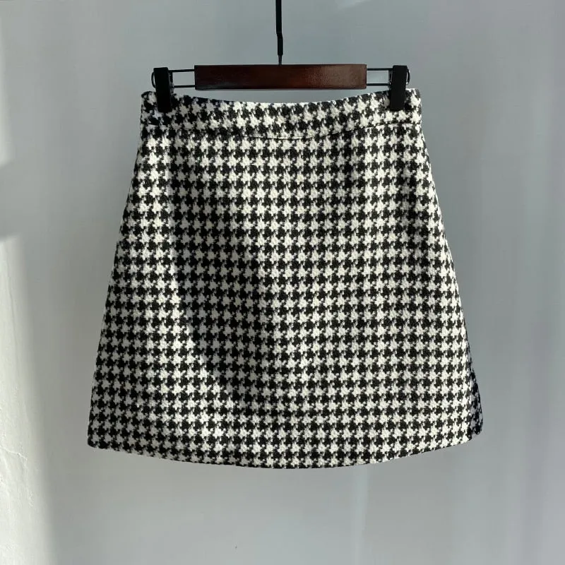 Wenkouban Plaid Mini Skirt Women Black White Fashion Official Faldas 2023 Mujer Korean Style High Waist Short Jupe